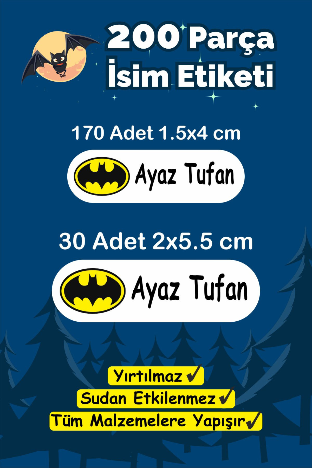 Batman Okul Etiketi Kalem Defter Etiketi Özel İsim Yazılabilen Etiket 200 Adet