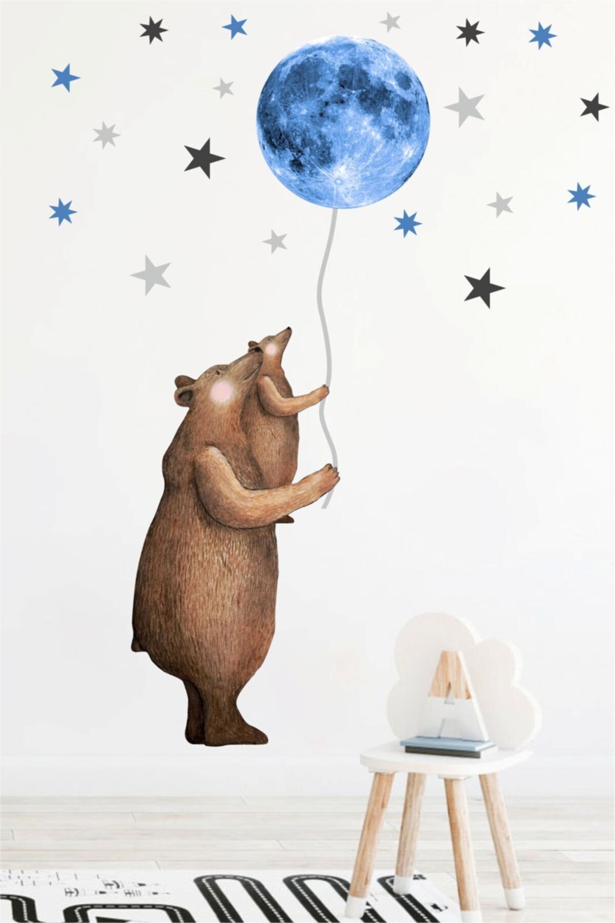 Popüler Bear Yavrulu Mavi Moon Duvar Sticker