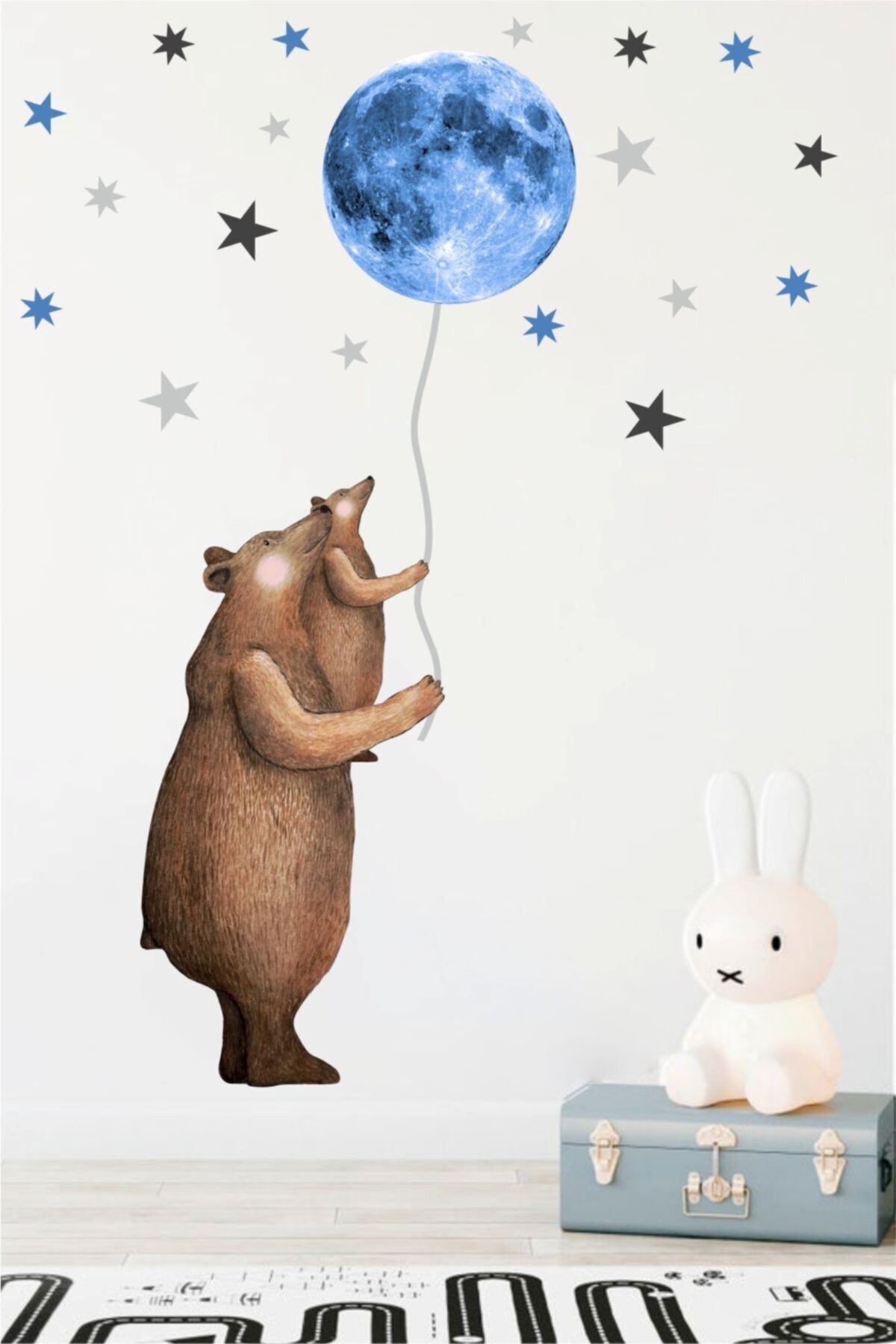 Popüler Bear Yavrulu Mavi Moon Duvar Sticker