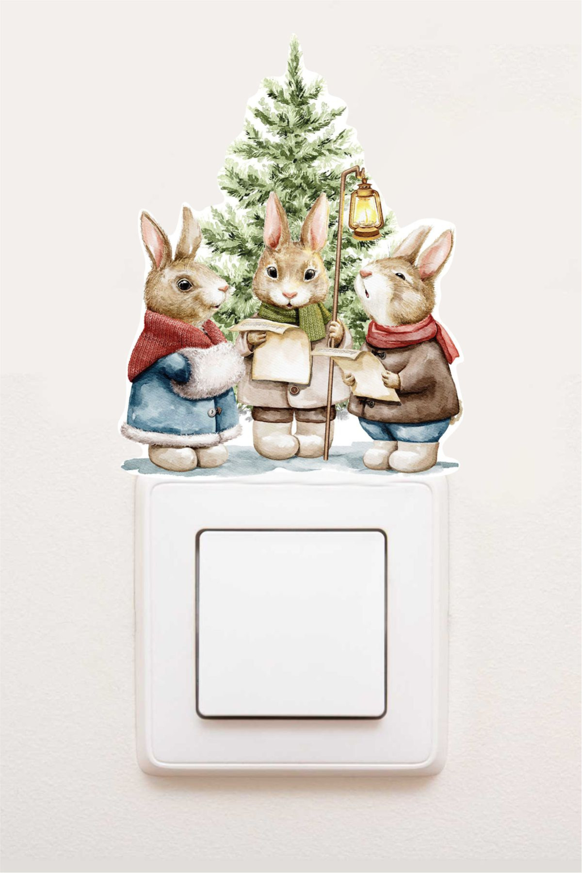 Sevimli Tavşanların Yılbaşı Günü Priz Sticker, Noel Etiket