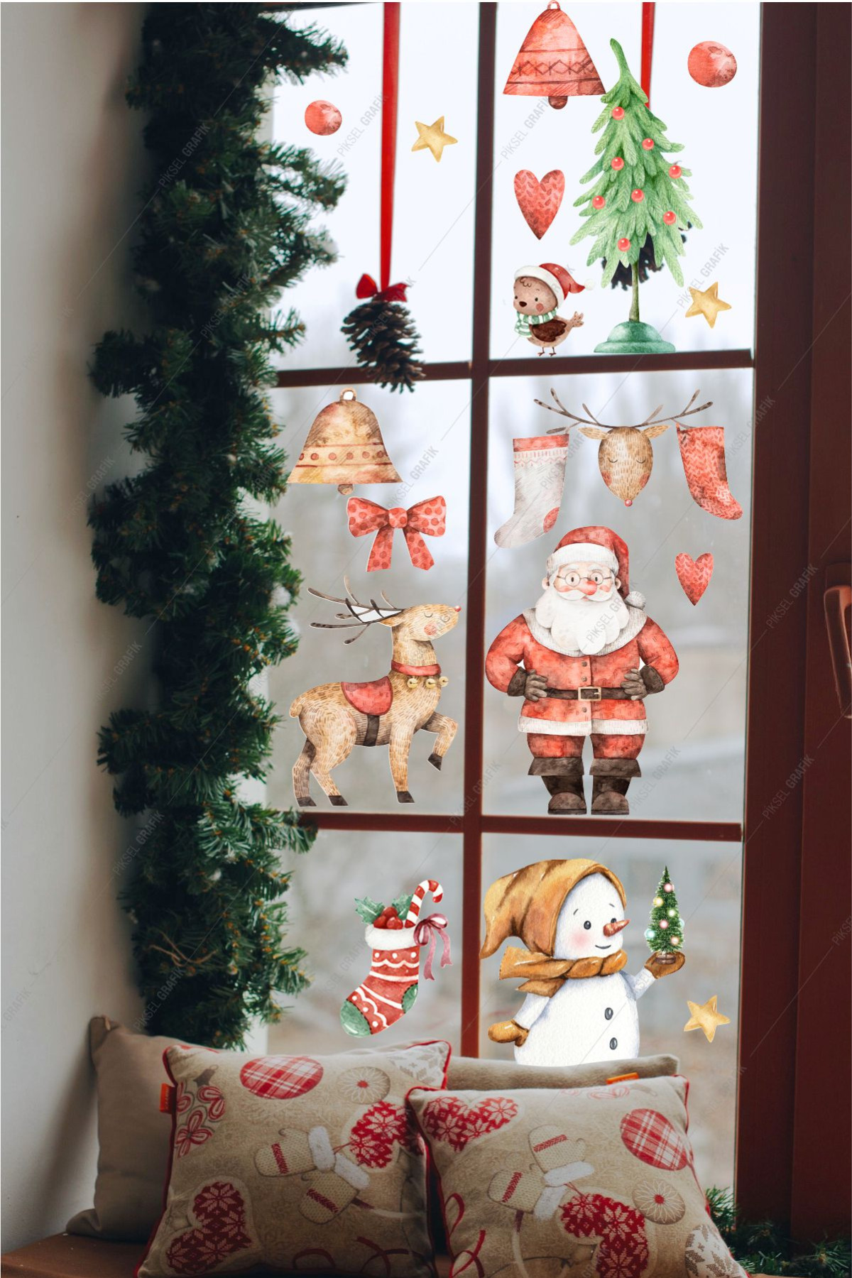Noel Baba ve Kardan Adam Set Cam, Duvar Sticker