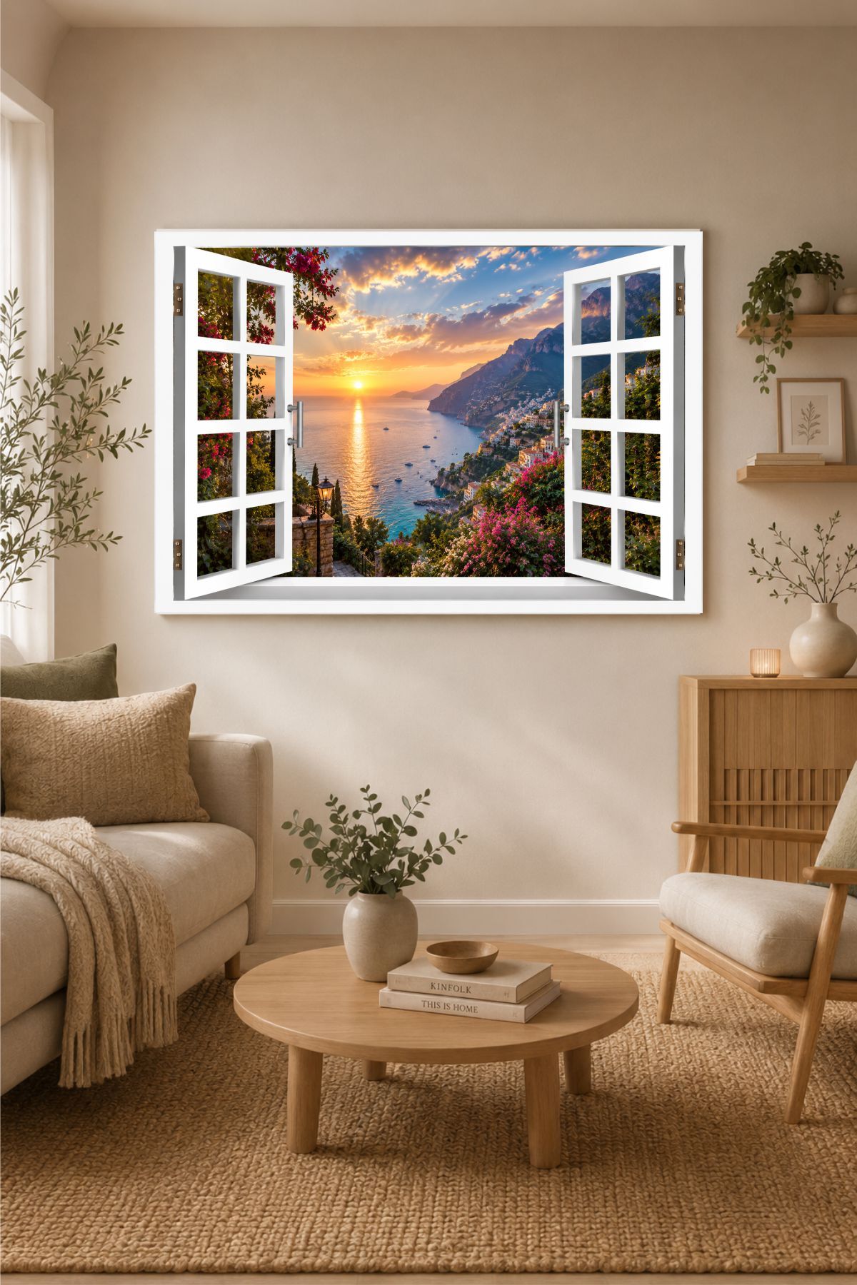 3 Boyutlu Akdeniz Kıyısı Manzara Pencere Duvar Sticker