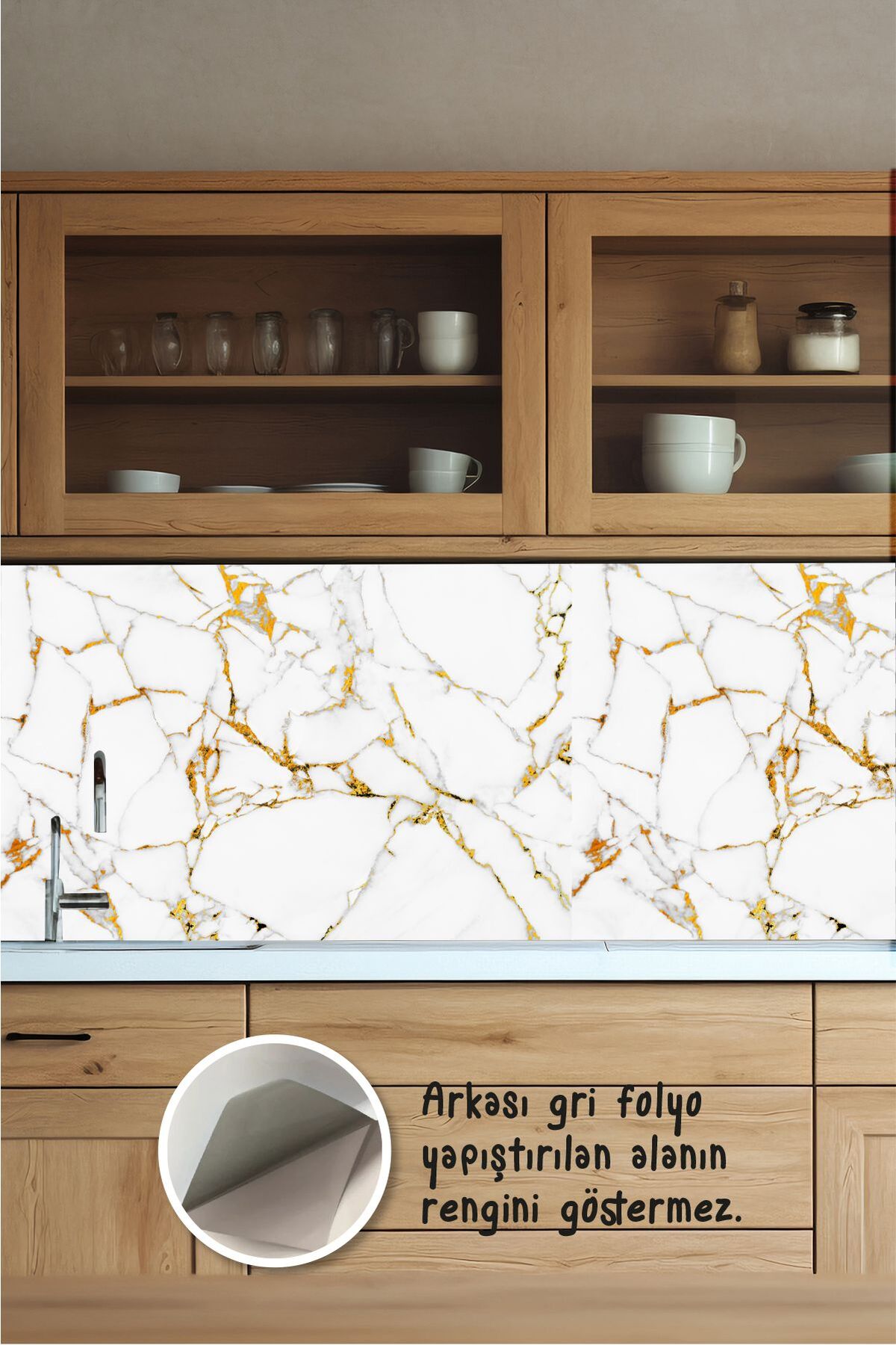 Mutfak Tezgah Arası Beyaz Altın Detay Deseni, Mermer Folyo Kaplama Sticker, Folyo Baskı, 100x60 cm