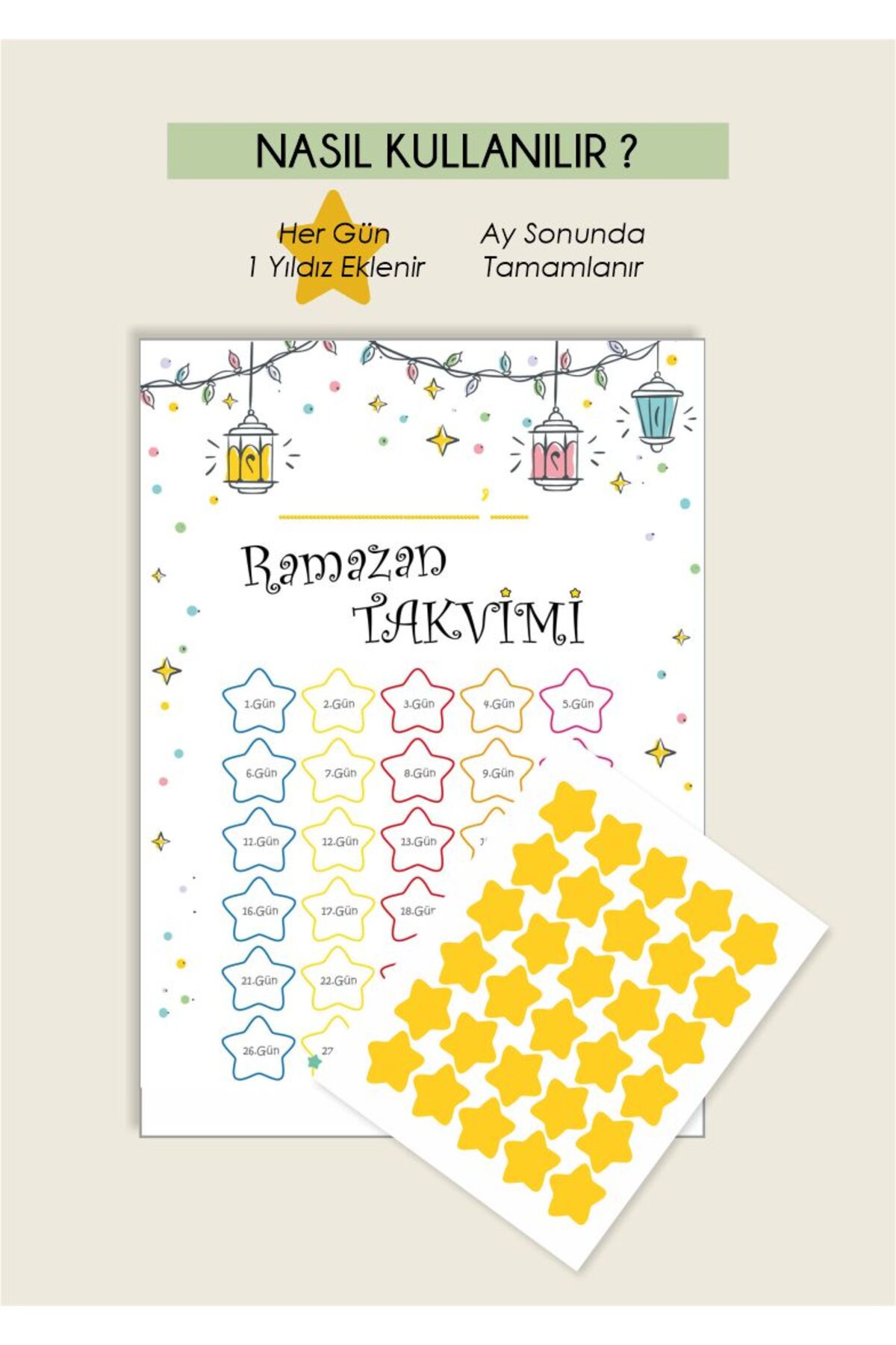 Ramazan Ayına Özel Yıldız Takvimi ve Sticker Seti 20x30 cm