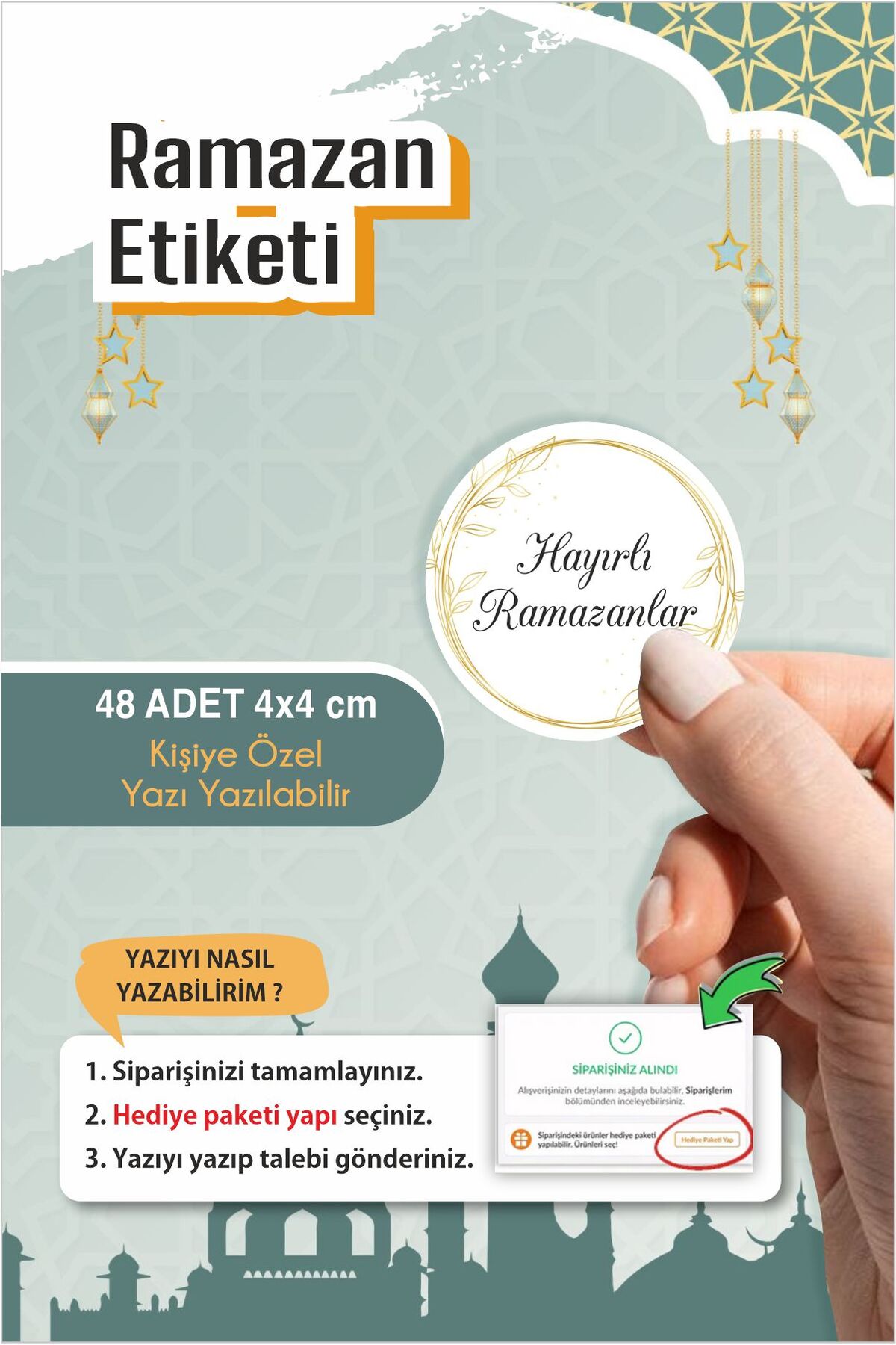 Hayırlı Ramazanlar 48 Adet 4 cm Etiket, Ramazan Süsleme, Hediye, Paketleme Sticker