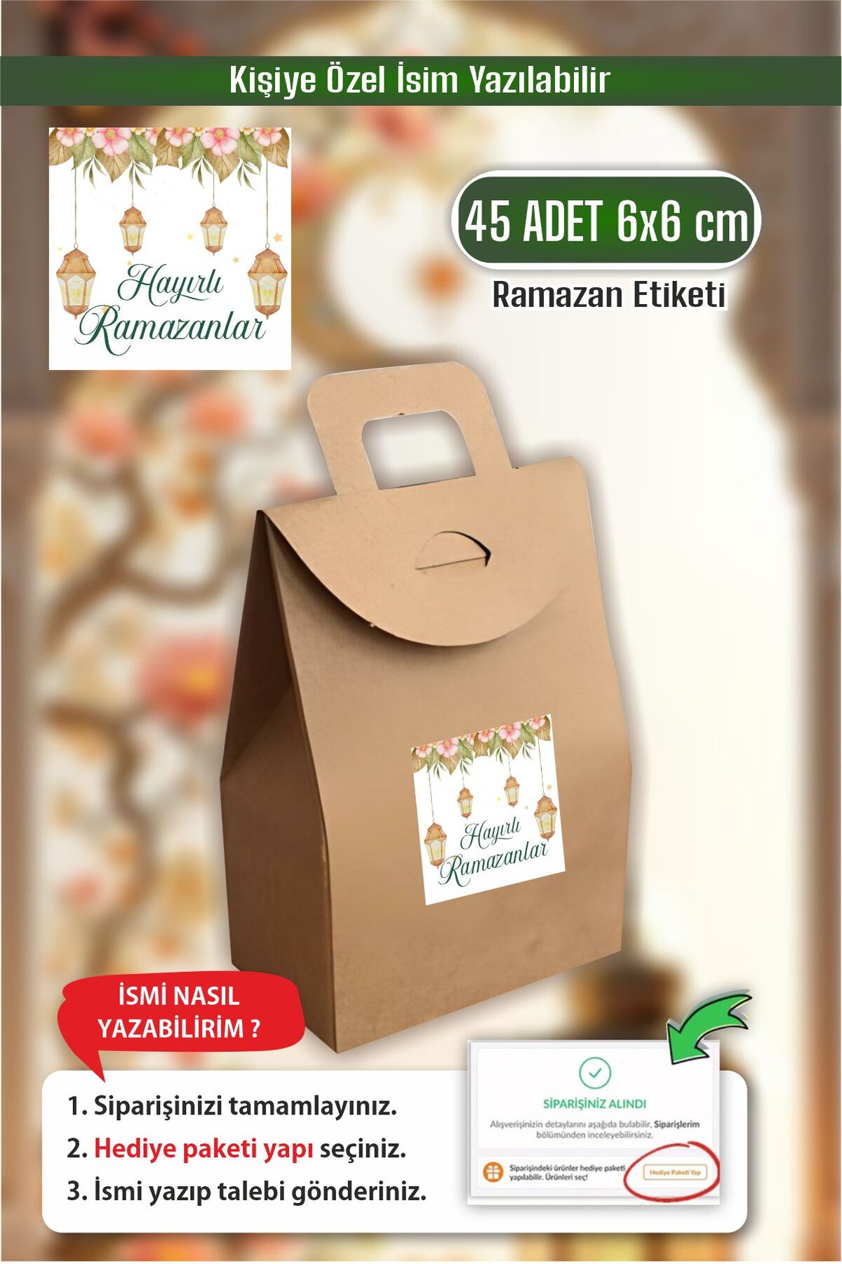İsim Yazılabilir Hayırlı Ramazanlar 45 Adet 6 cm Etiket, Ramazan Süsleme, Hediye, Paketleme Sticker