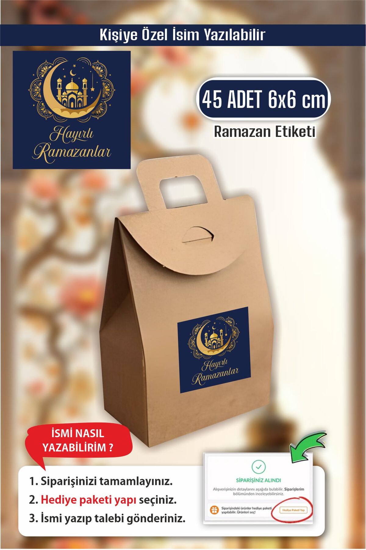 İsim Yazılabilir Hayırlı Ramazanlar 45 Adet 6 cm Etiket, Ramazan Süsleme, Hediye, Paketleme Sticker