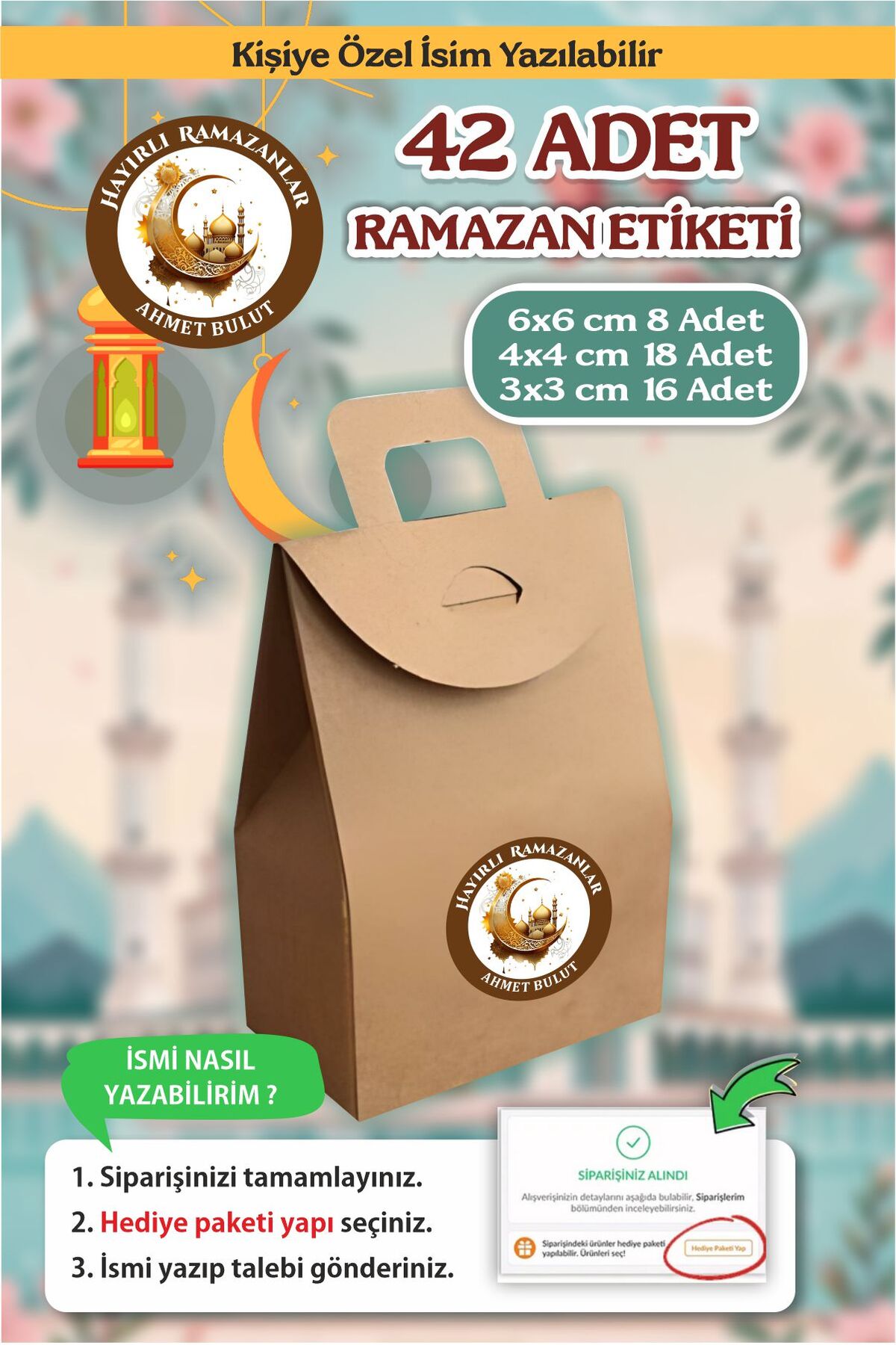 İsim Yazılabilir Hayırlı Ramazanlar 42 Adet Etiket, Ramazan Süsleme, Hediye, Paketleme Sticker