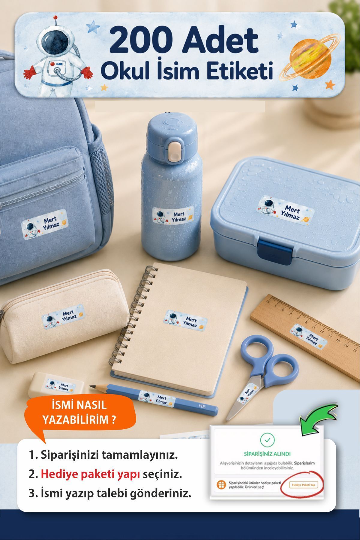 Okul Etiketi Kalem Defter isimli Etiket Isim Yazılabilen Etiket Uzay Temalı Renkli - 200 Adet Etiket
