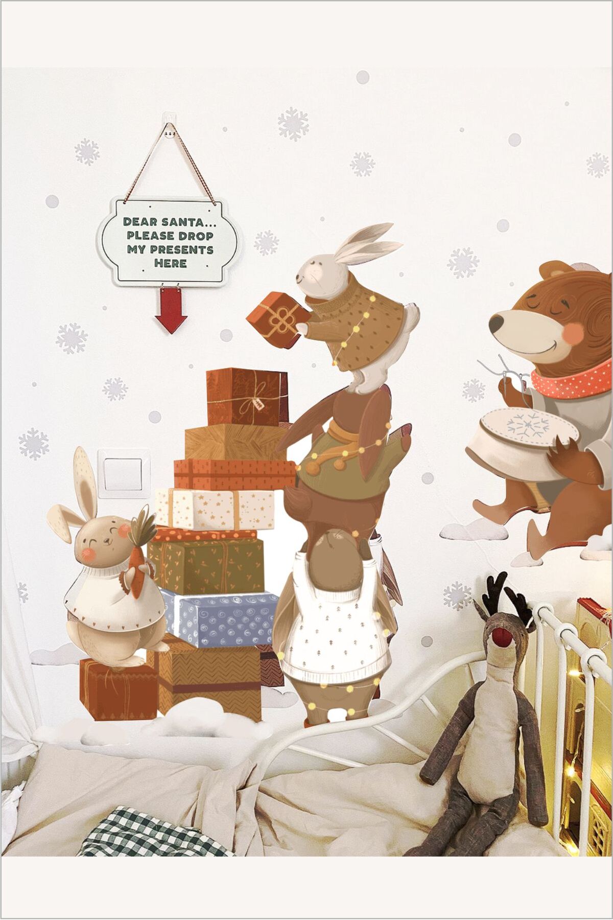 Yılbaşı Kutlaması Tavşanlar ve Ayıcık Duvar Sticker - Noel ve Kış Temalı Dekor