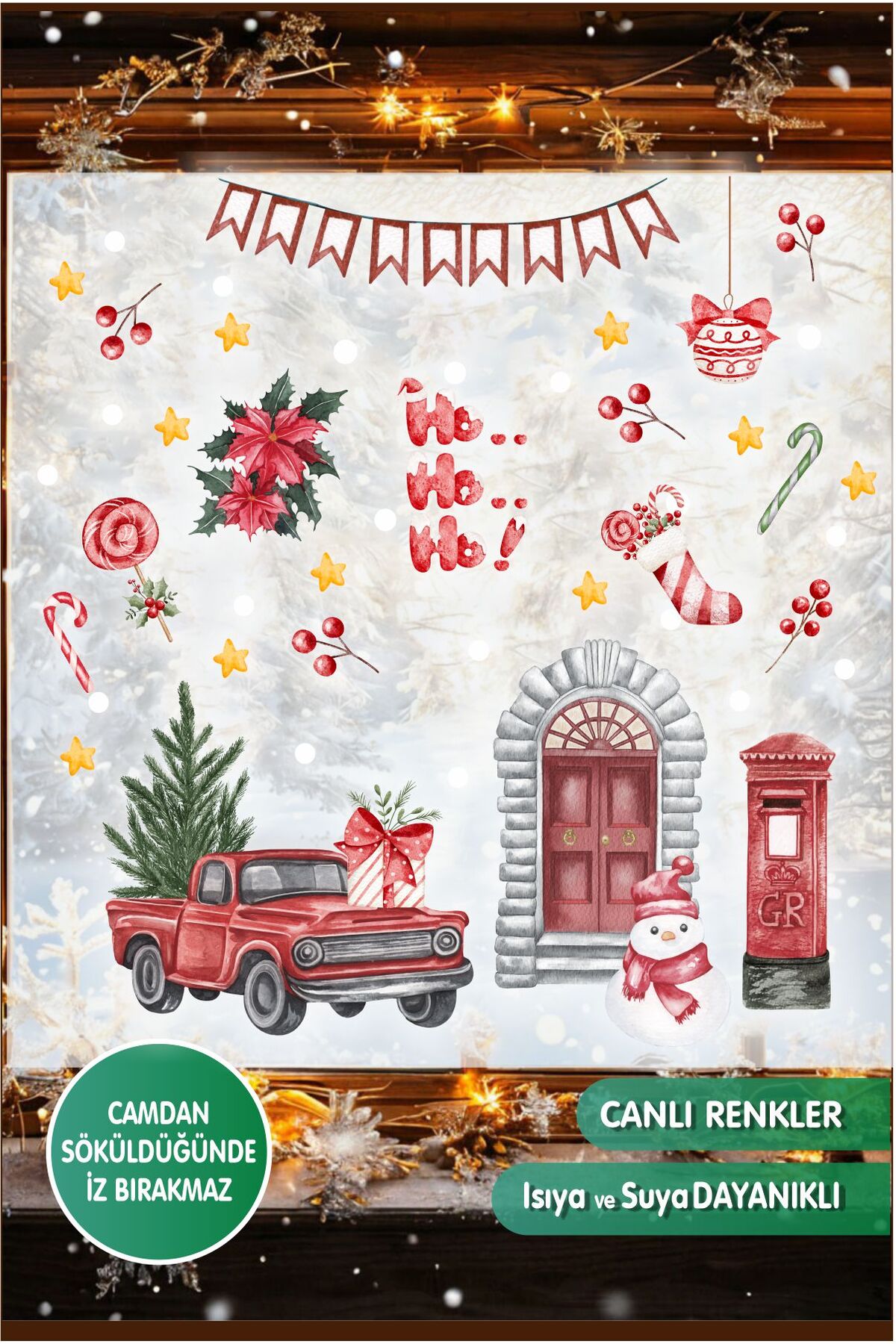 Kırmızı Kamyon Noel Sticker Paketi Yılbaşı Seti Cam Duvar Sticker