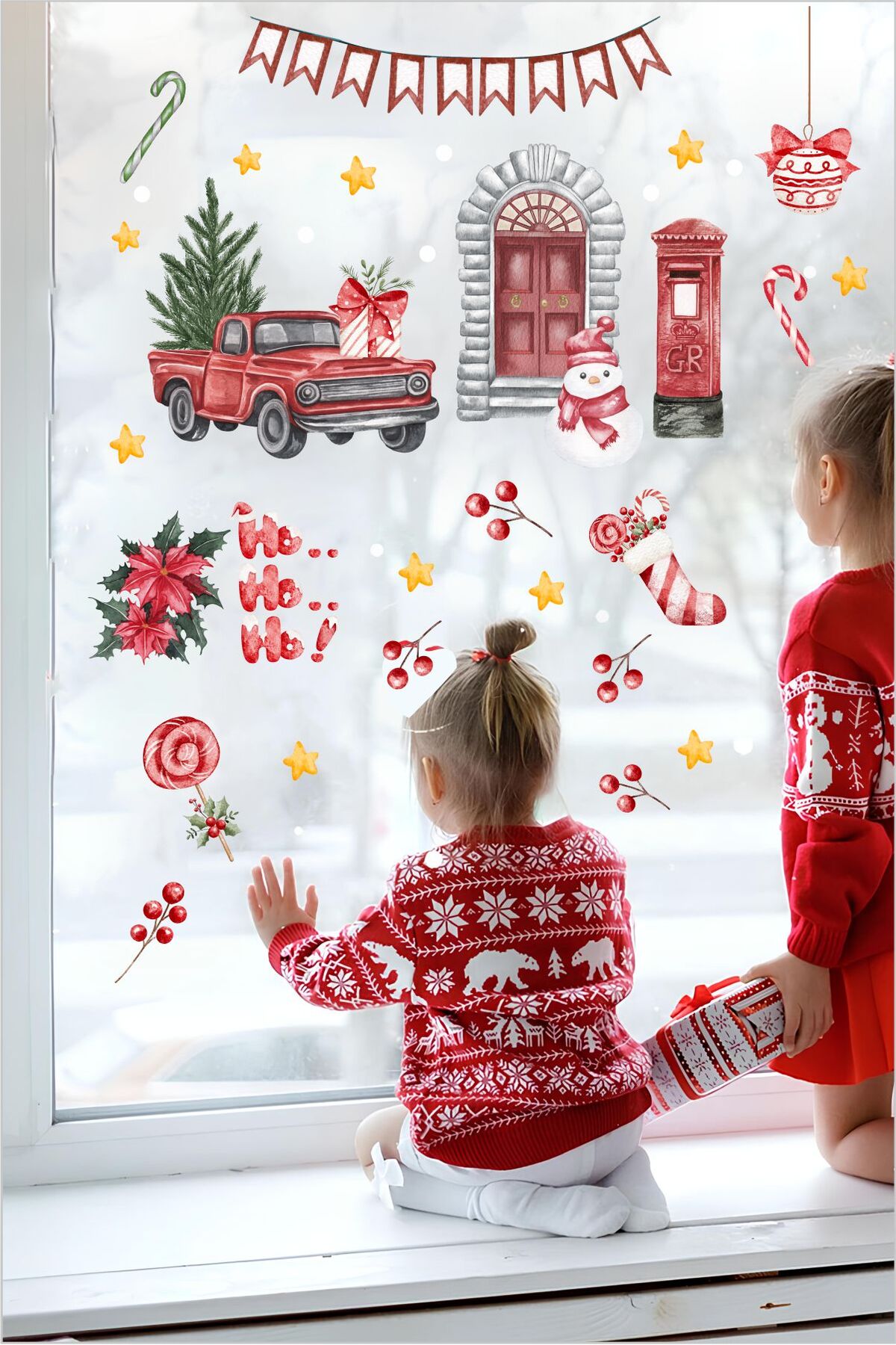Kırmızı Kamyon Noel Sticker Paketi Yılbaşı Seti Cam Duvar Sticker