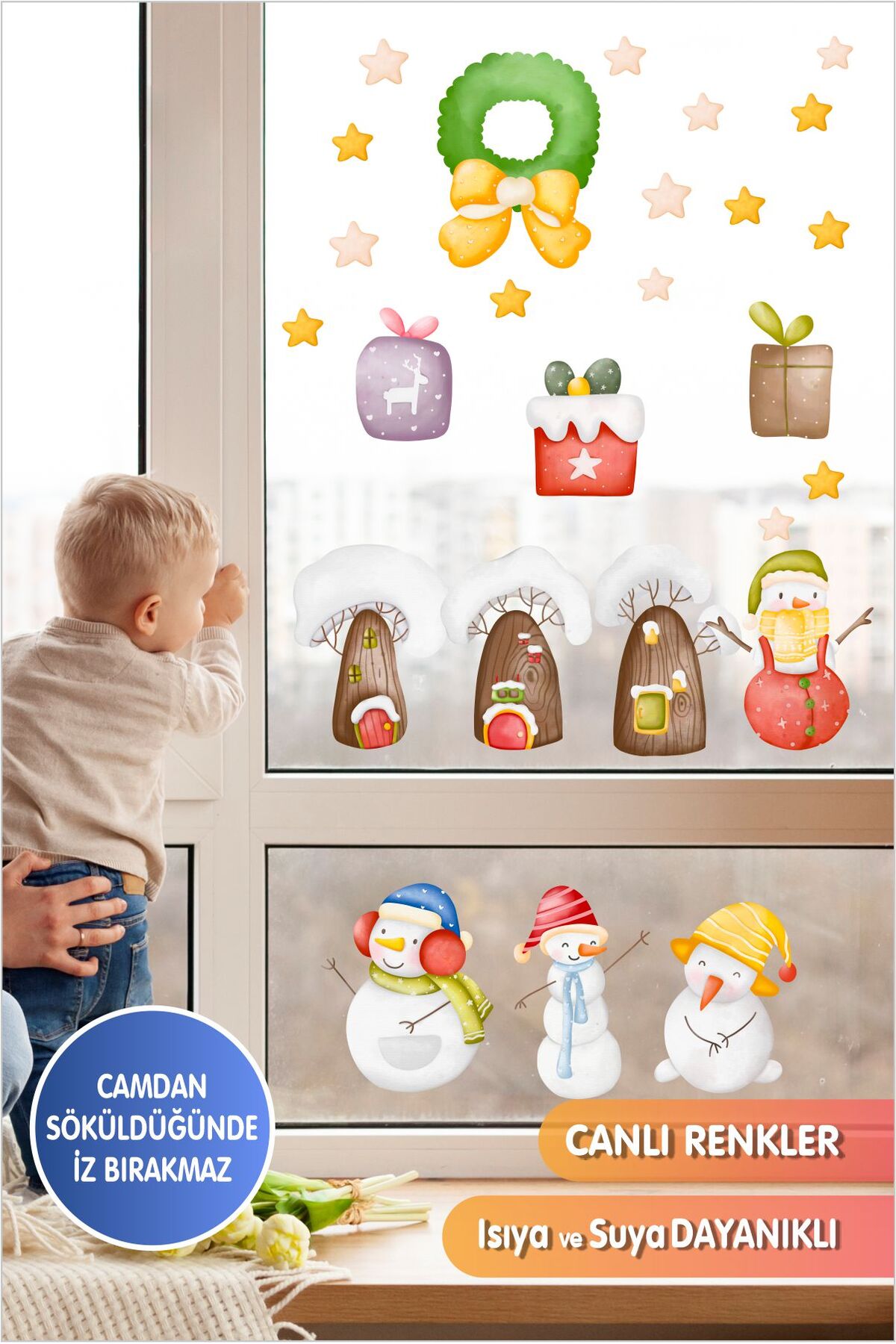 Kardan Adam ve Karlı Ağaçlar Yılbaşı Seti Cam Duvar Sticker