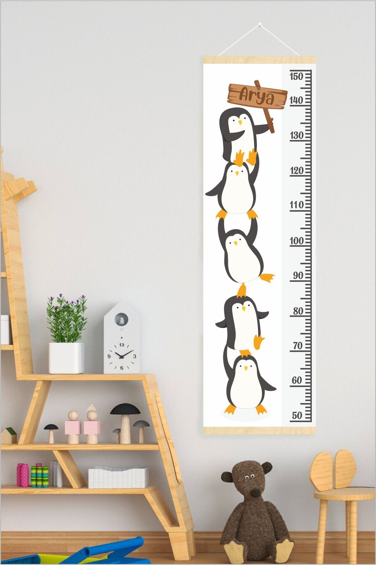 Penguen Askılı Kanvas Boy Ölçer - Çocuk Odası Boy Metresi