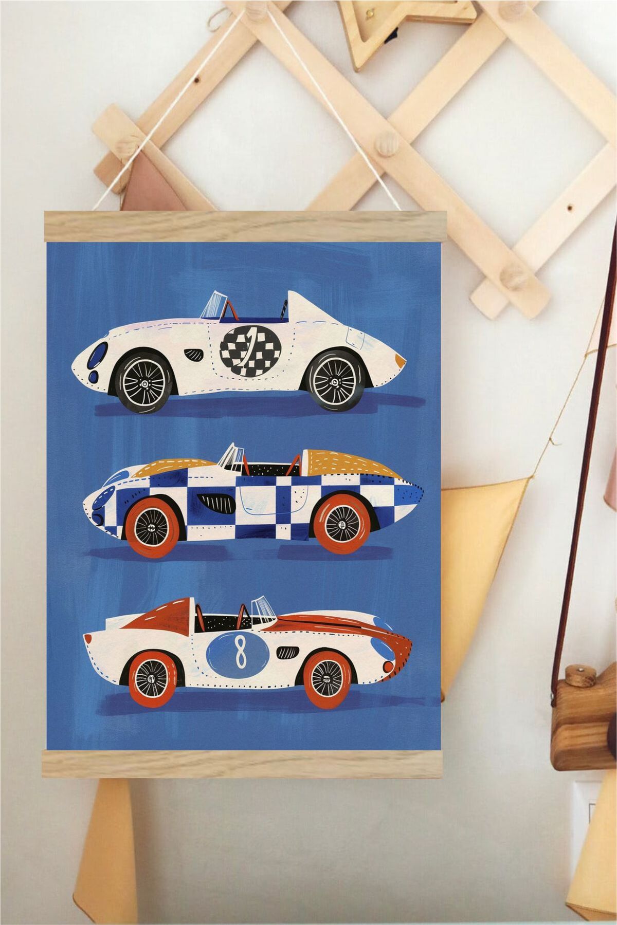 Arabalar Askılı Kanvas Poster - Bebek Çocuk Odası Resim Poster 30x40 cm