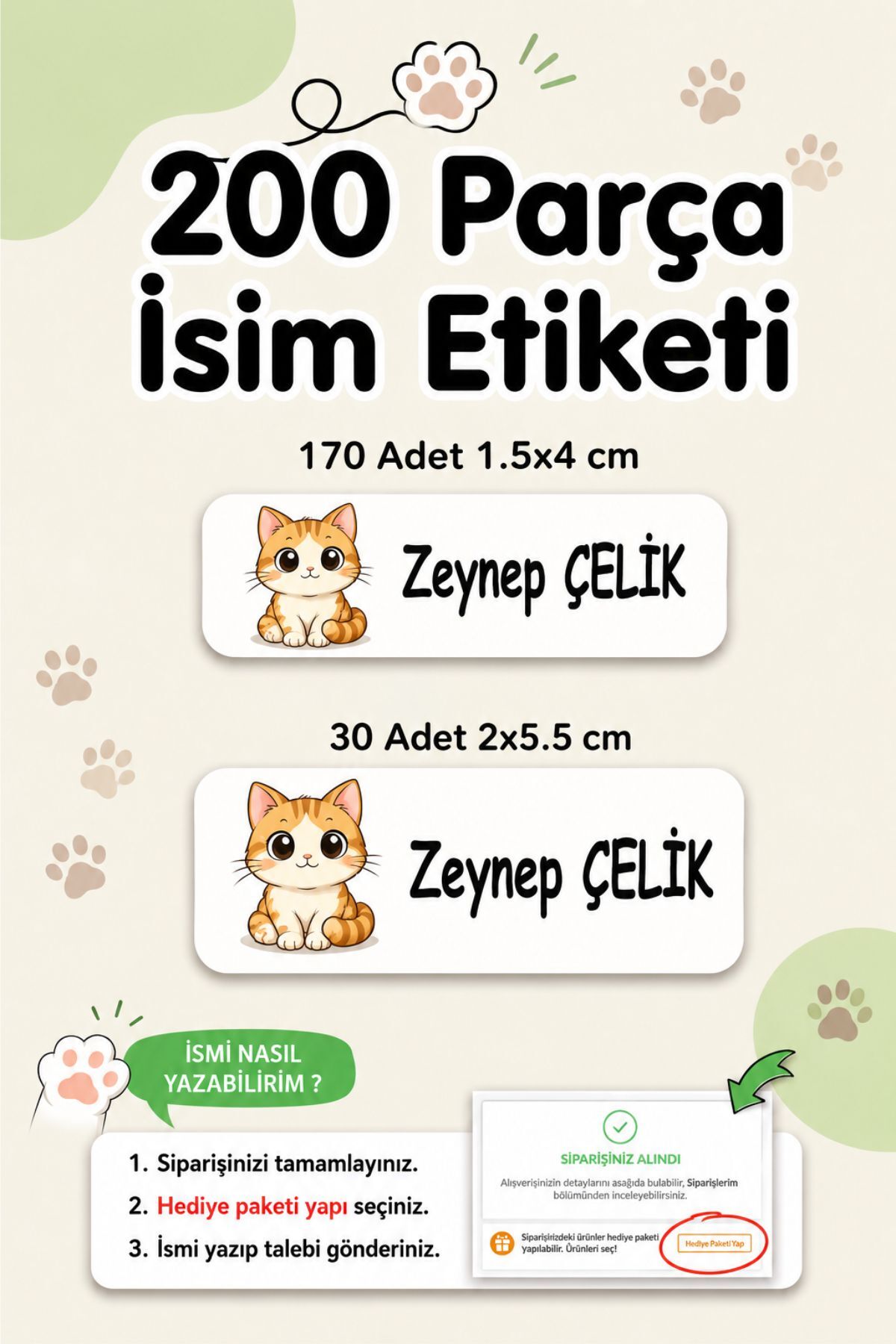 Okul Etiketi Kalem Defter isimli Etiket Isim Yazılabilen Turuncu Kedi - 200 Adet Etiket