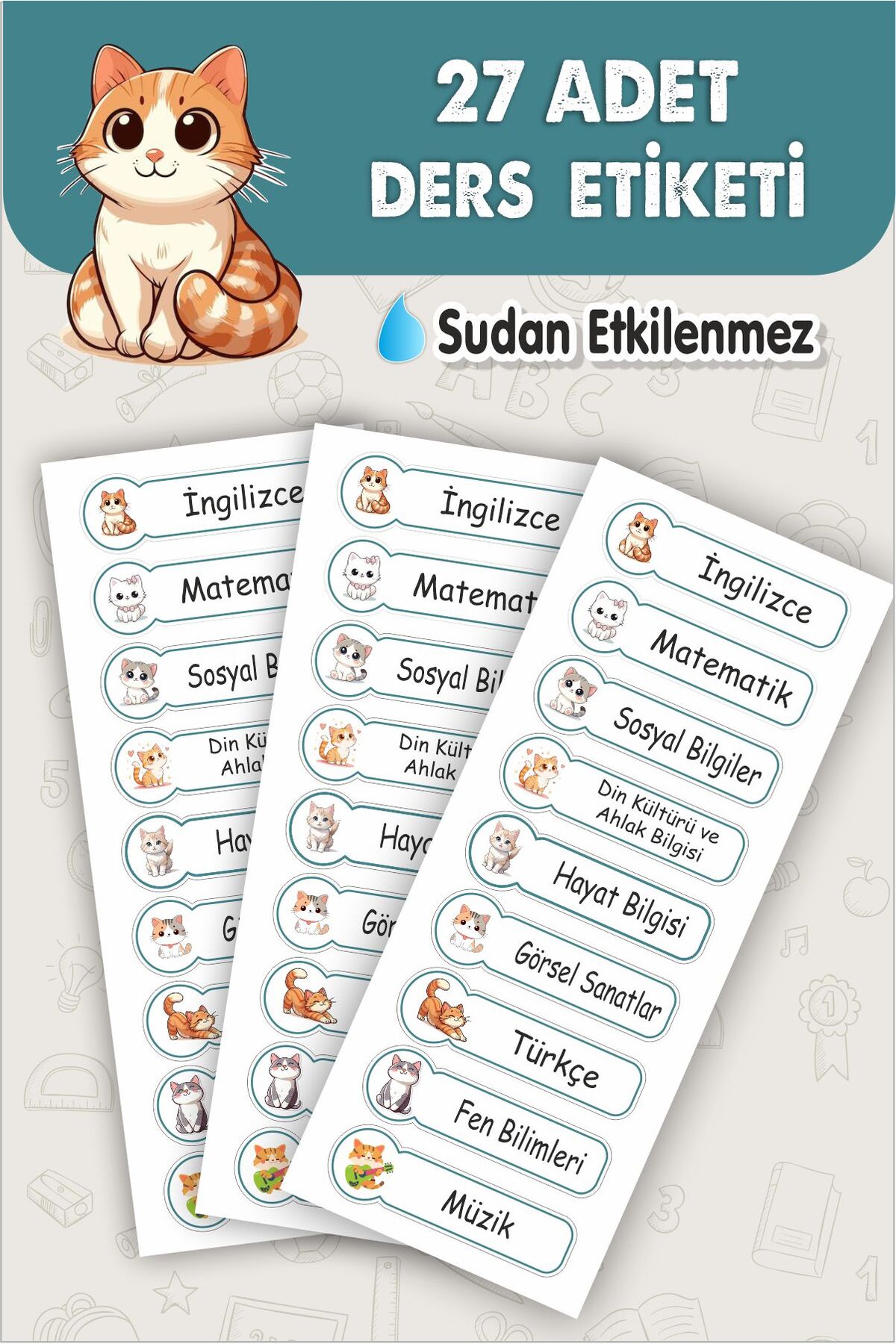 Okul Ders Etiketi Sevimli Kediler 27 Adet 8 Cm Okul Ders Etiketi - Özel Yeni Tasarım