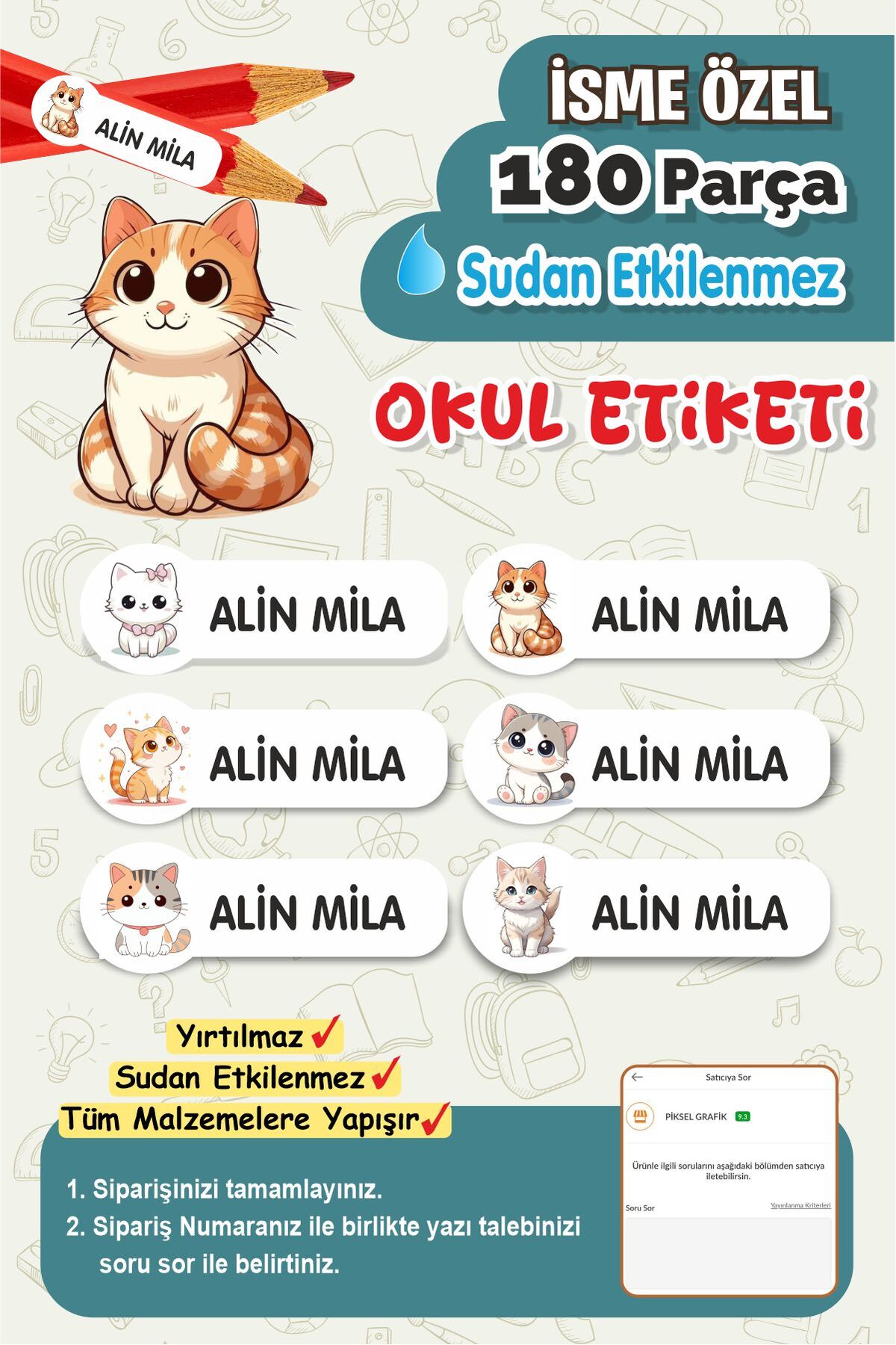 Okul Etiketi Kalem Defter isimli Etiket Isim Yazılabilen Sevimli Kedi - 180 Adet Özel Yeni Tasarım