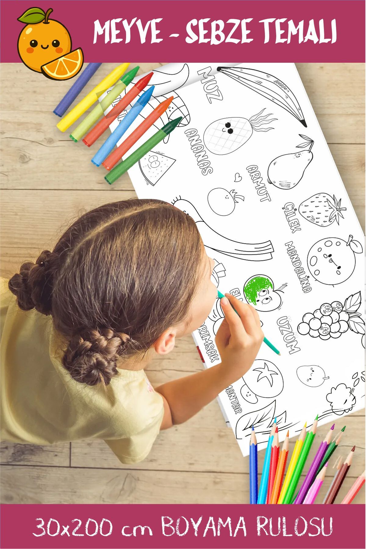 Meyve Sebze Temalı Dev Rulo Boyama Kağıdı – 2 m × 30 cm | Çocuklar İçin Sanat & Etkinlik Kağıdı
