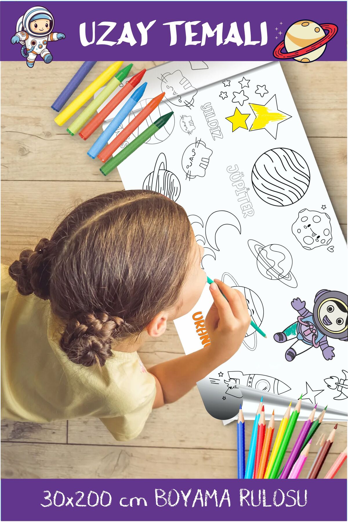 Pixroll Uzay Temalı Dev Rulo Boyama Kağıdı – 2 m × 30 cm | Çocuklar İçin Sanat & Etkinlik Kağıdı