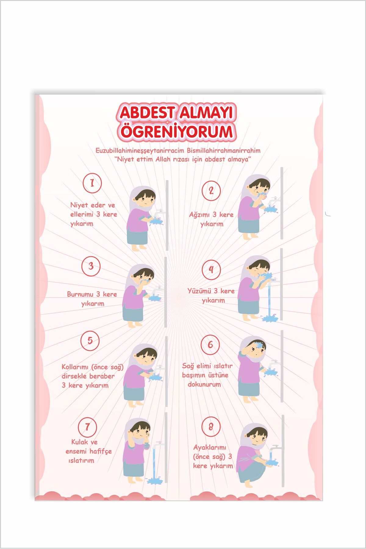 Abdest Almayı Öğreniyorum - Eğitici Poster, Çocuklar için Poster PEMBE