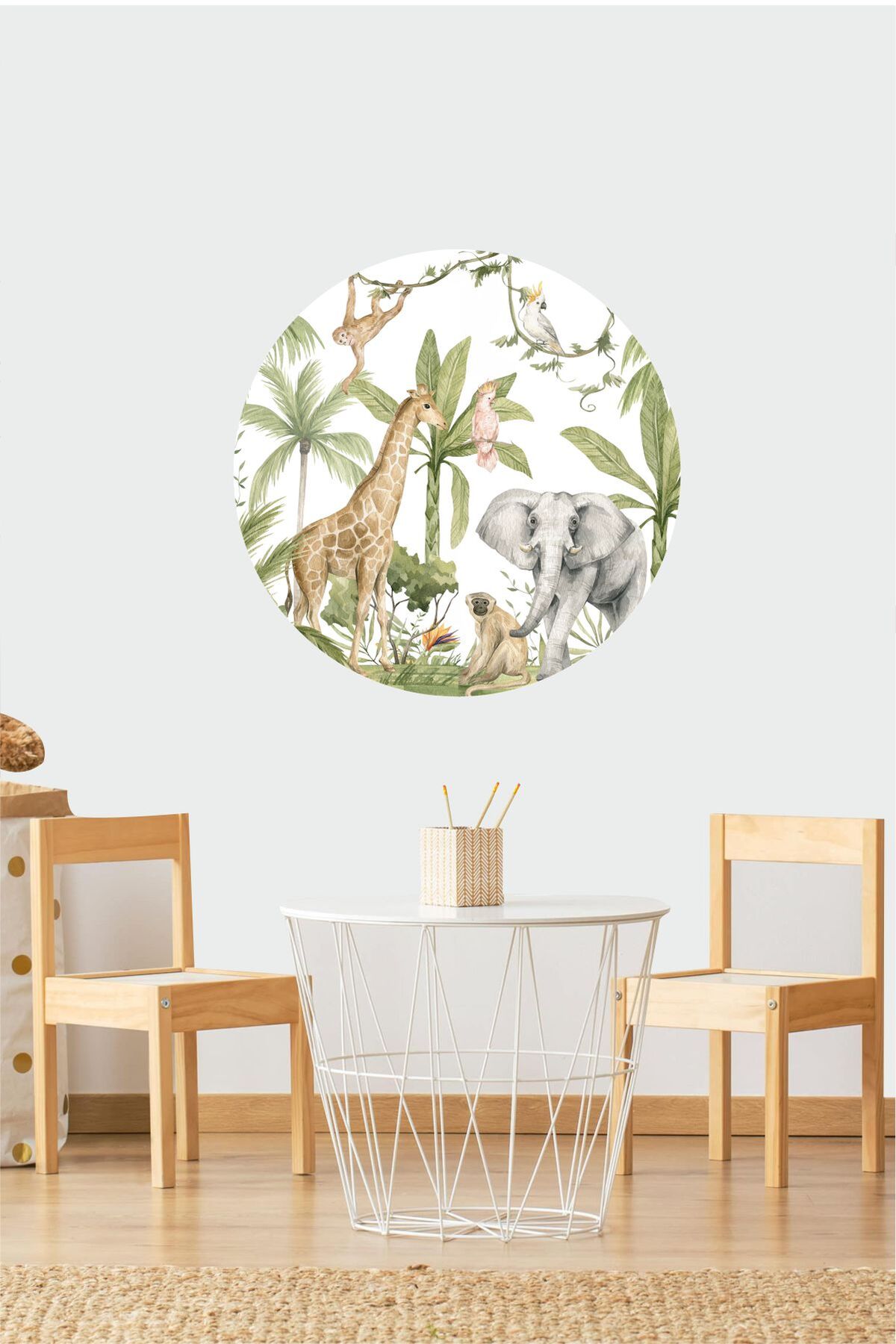 Jungle Animals Tam Daire Çocuk Odası, Tropikal Duvar Sticker
