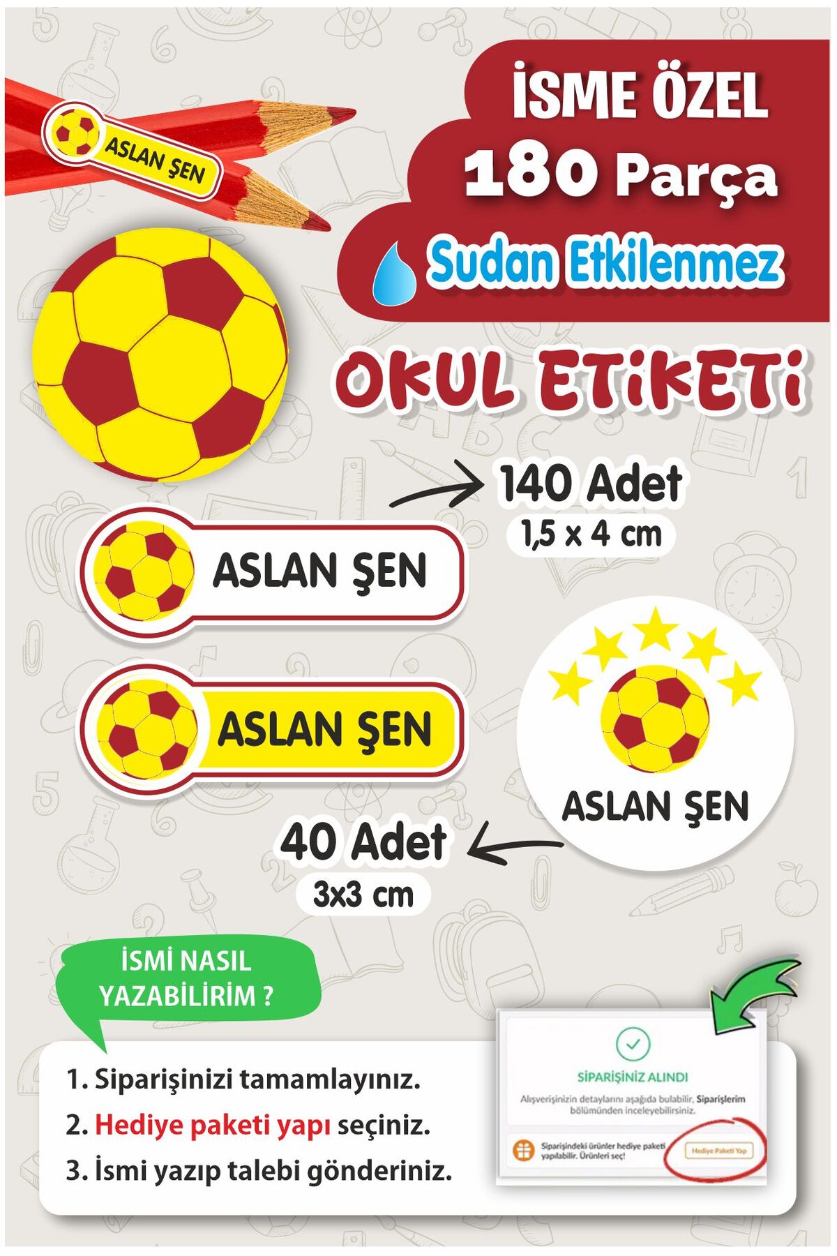 Okul Etiketi Kalem Defter isimli Etiket Isim Yazılabilen Kırmızı Sarı Futbol - 180 Adet Özel Yeni Tasarım