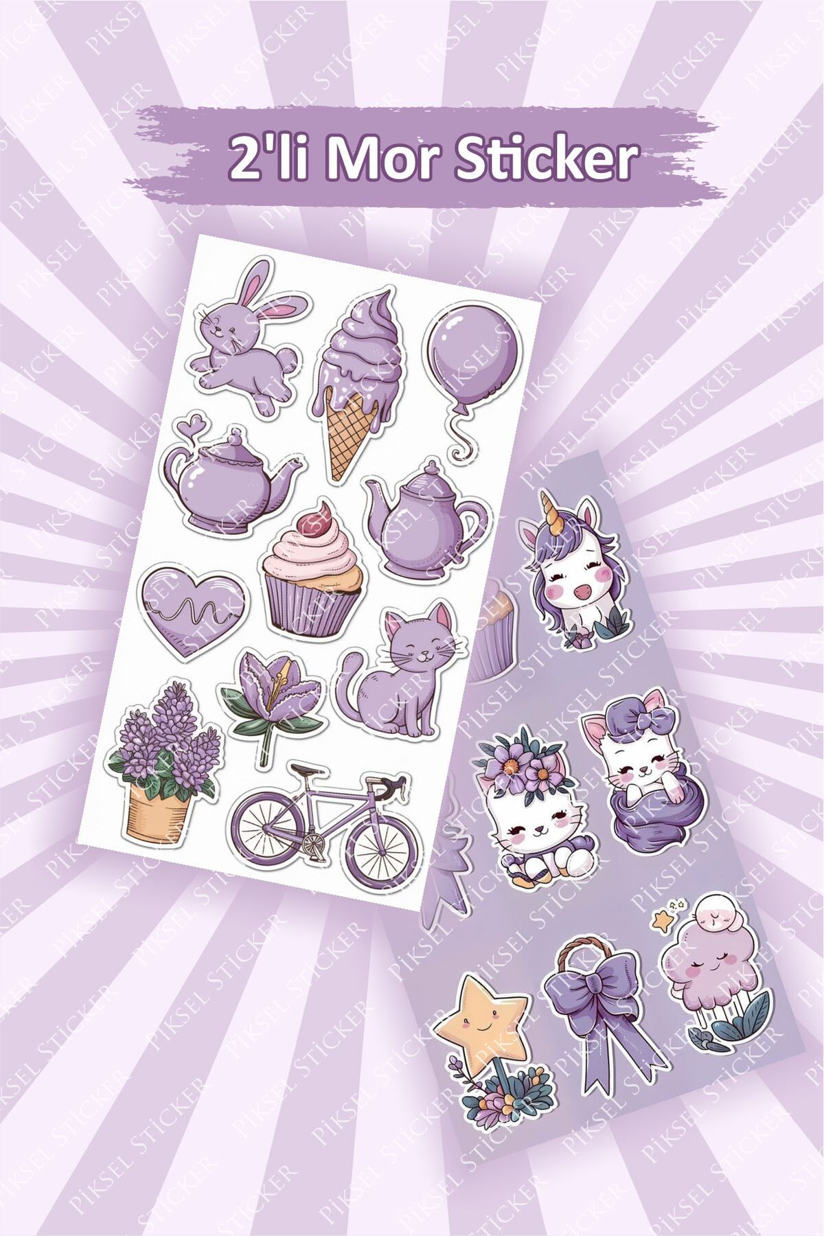 Mor Sevimli 2'li Çıkartma Sticker Seti 10x15 cm - Laptop, Defter, Planlayıcı, Ajanda Sticker