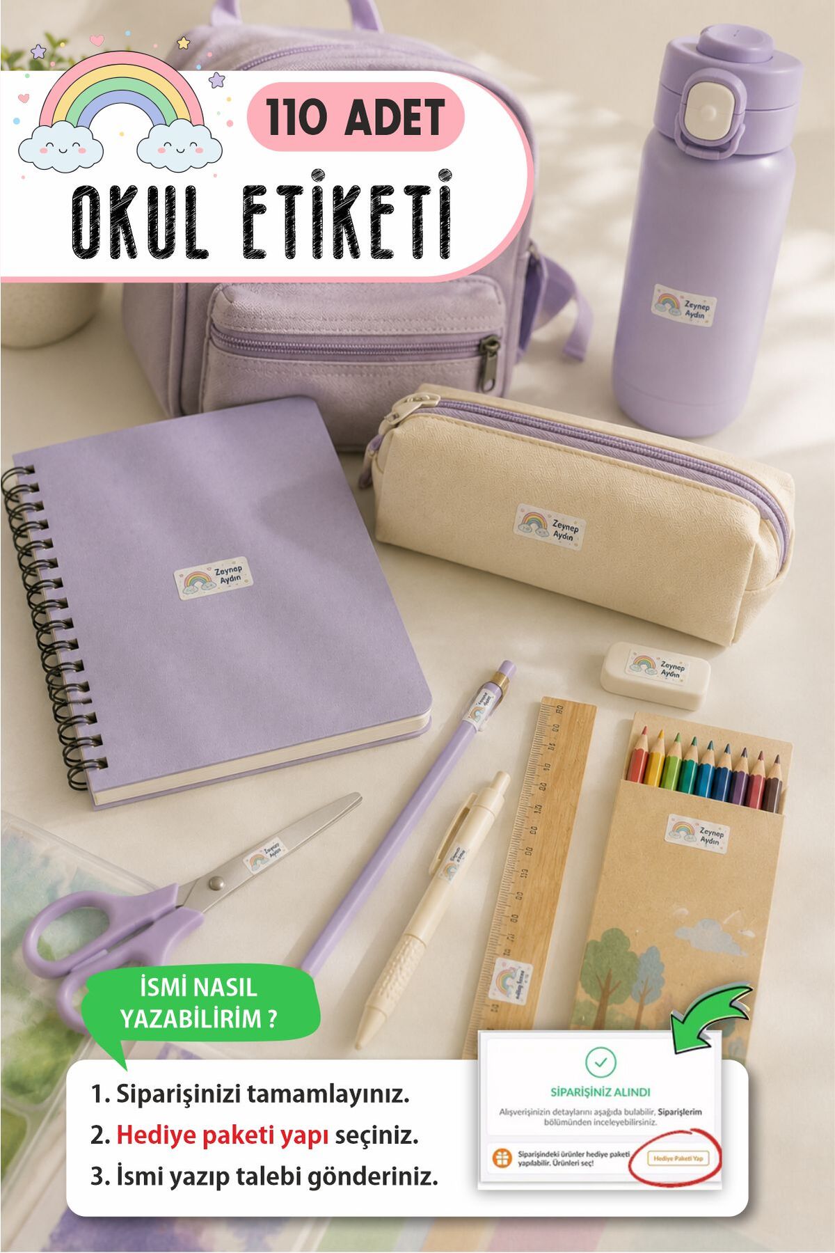 Okul Etiketi Kalem Defter isimli Etiket Isim Yazılabilen Sevimli Renkli Gökkuşağı - 110 Adet Özel Yeni Tasarım