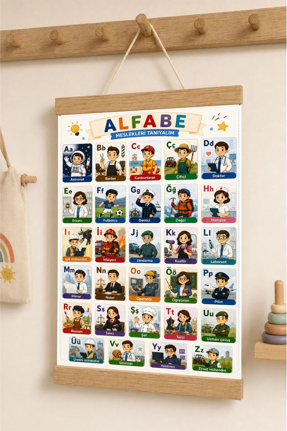 Mesleklerle Alfabe , Türkçe İpli Askılı Kanvas Poster Tablo Çocuk Odası Duvar Dekoru