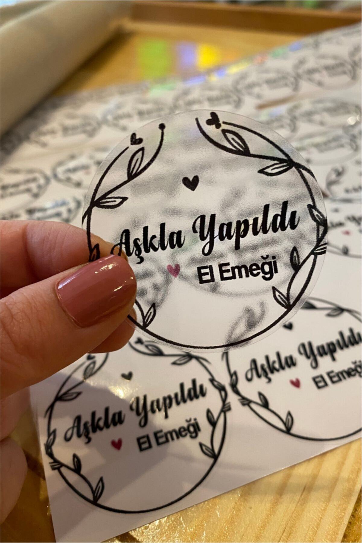 Şeffaf Sticker Aşkla Yapıldı - 5 Cm Çapında 60 Adet