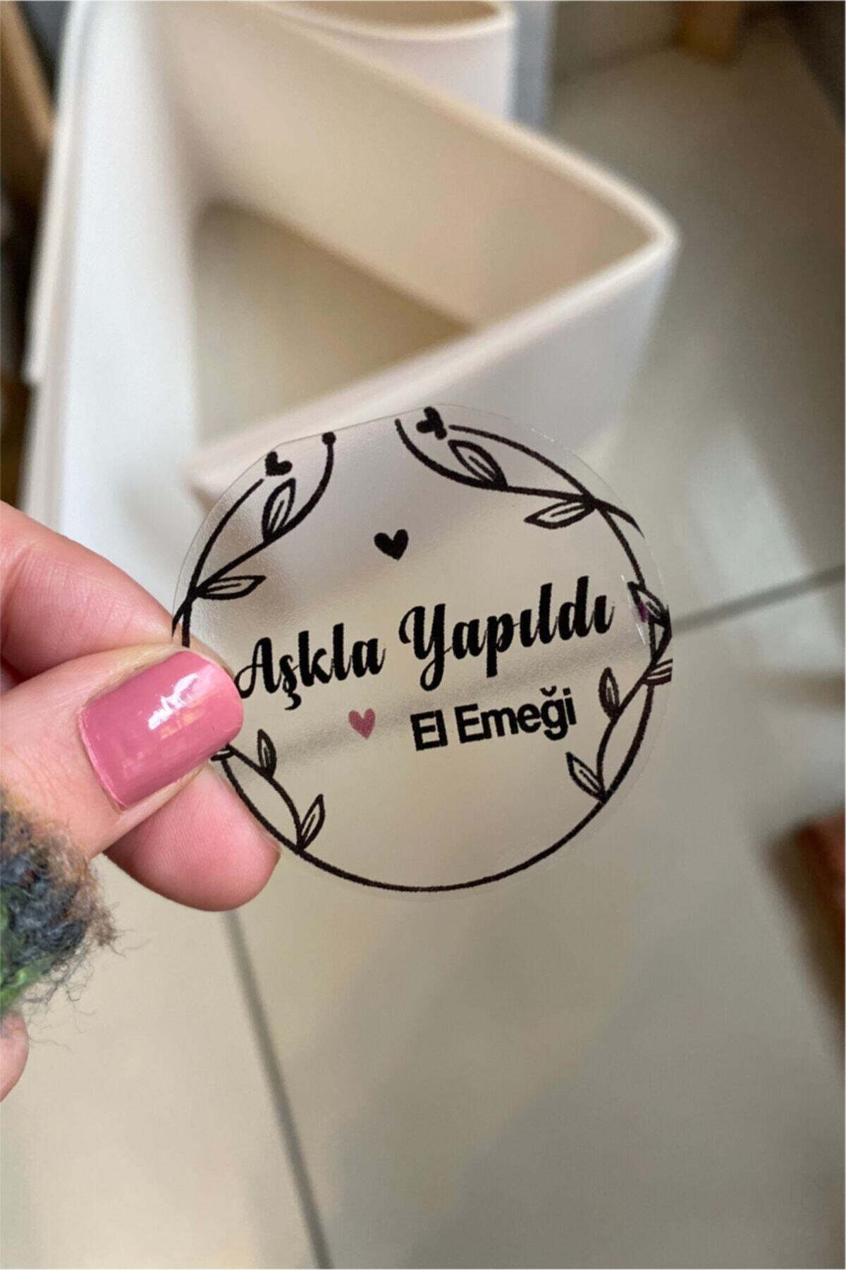 Şeffaf Sticker Aşkla Yapıldı - 5 Cm Çapında 60 Adet