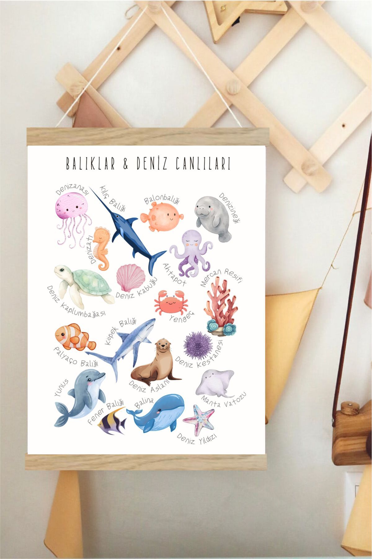 Deniz Canlıları Askılı Kanvas Poster - Bebek Çocuk Odası Resim Poster 30x40 cm