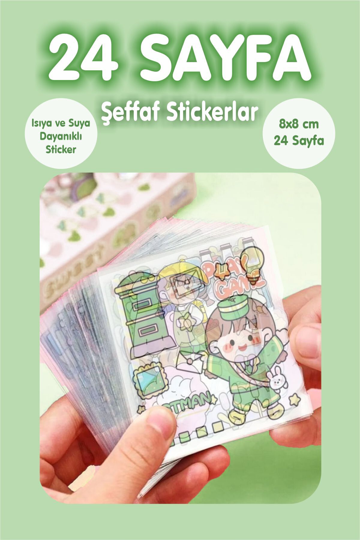 24 Sayfa Sevimli Şeffaf Suya Dayanıklı Sticker Seti- Yeşil Set