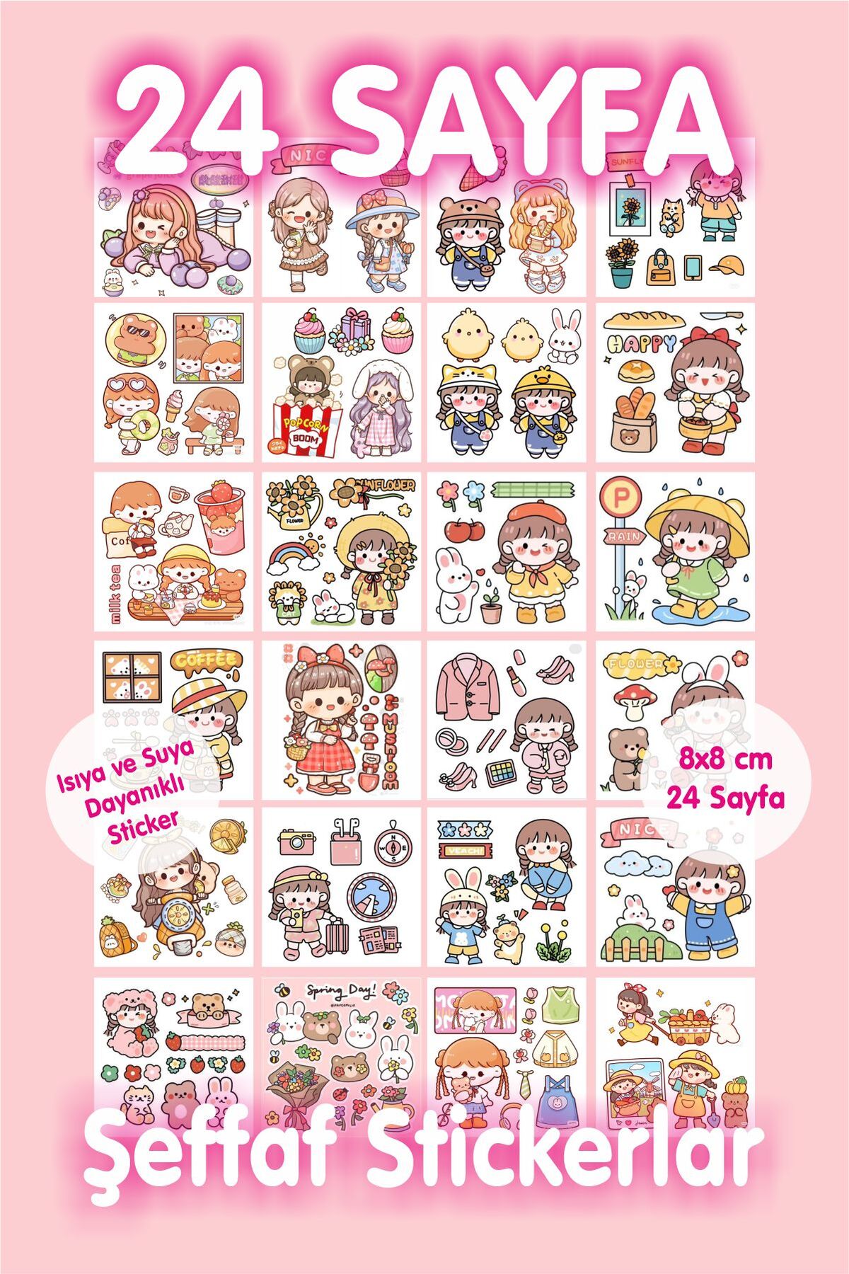 24 Sayfa Sevimli Şeffaf Suya Dayanıklı Sticker Seti- Planlayıcı Laptop Telefon Defter Etiketi