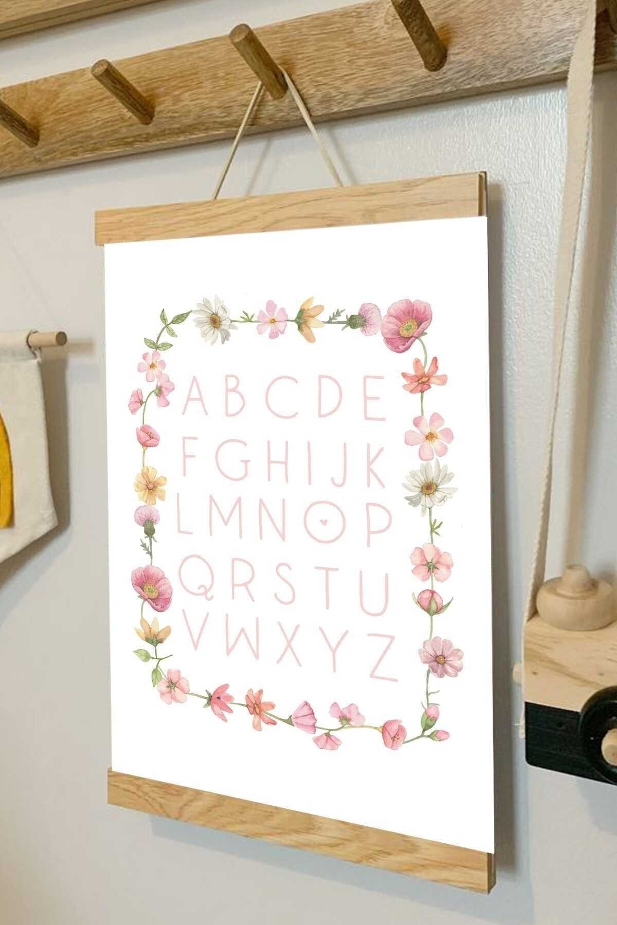 Çiçekli Alfabe Ipli Askılı Kanvas Poster