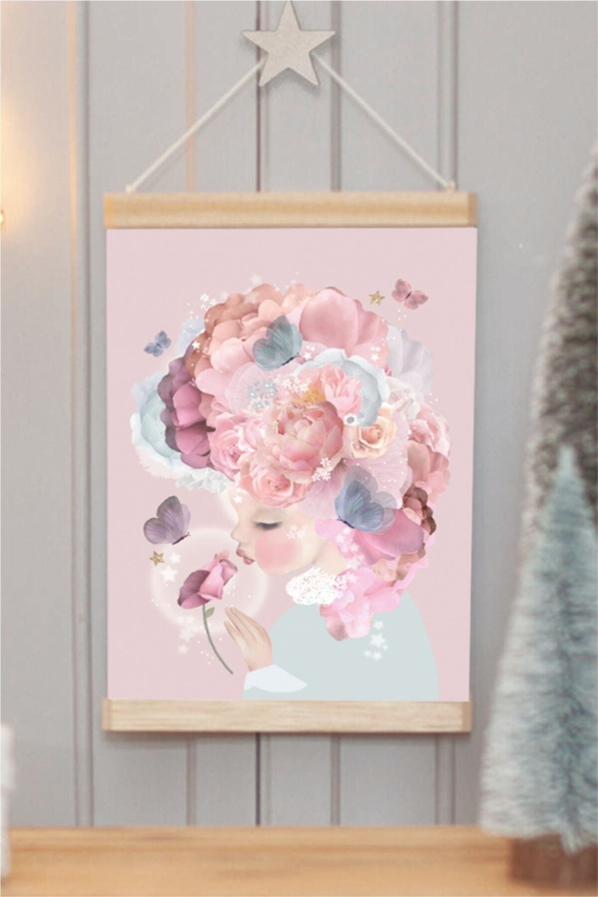 Çiçekli Bebek Askılı Kanvas Poster Tablo Duvar Dekoru