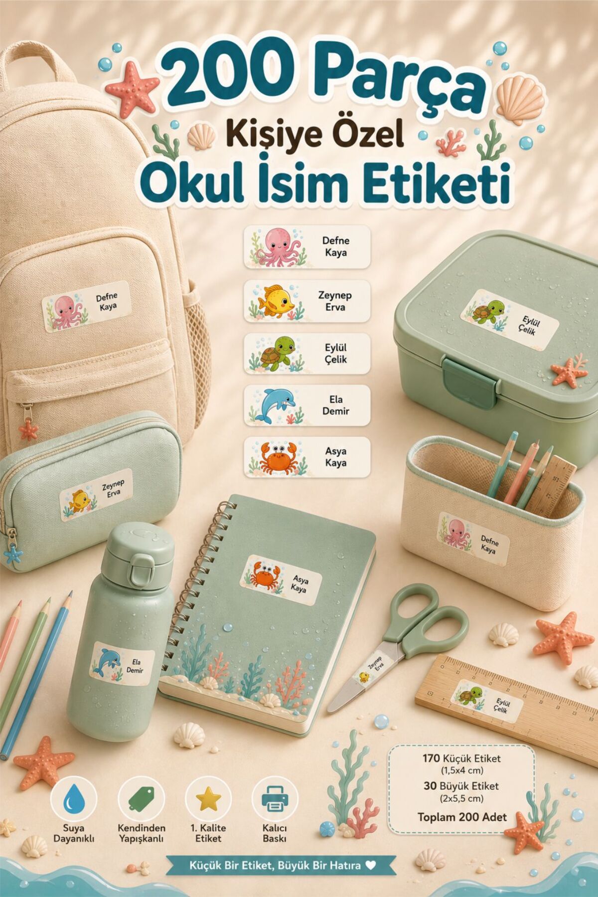 Okul Etiketi Kalem Defter isimli Etiket Isim Yazılabilen Etiket Renkli Deniz Canlıları Temalı - 200 Adet Etiket