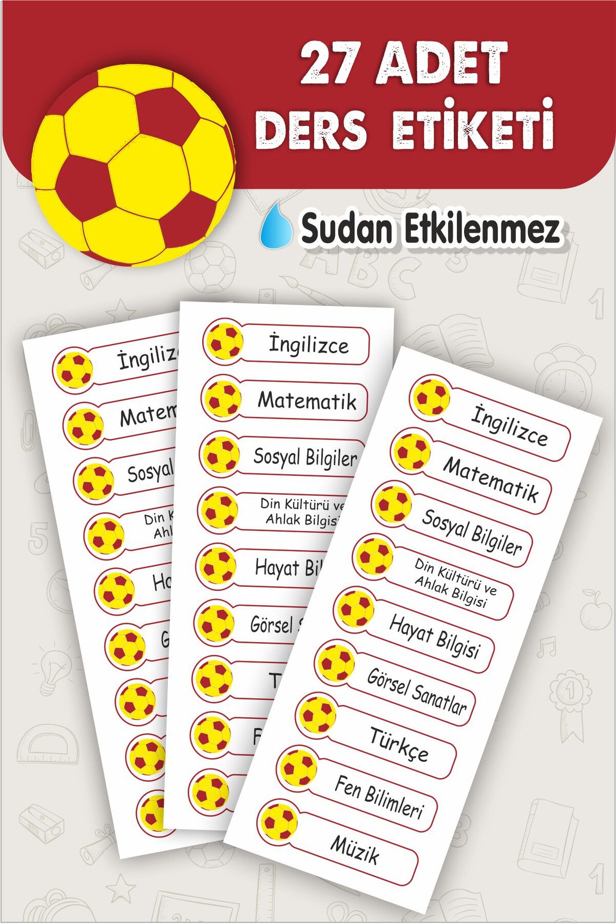 Okul Ders Etiketi Sarı Kırmızı Top Temalı 27 Adet 8 Cm Okul Ders Etiketi