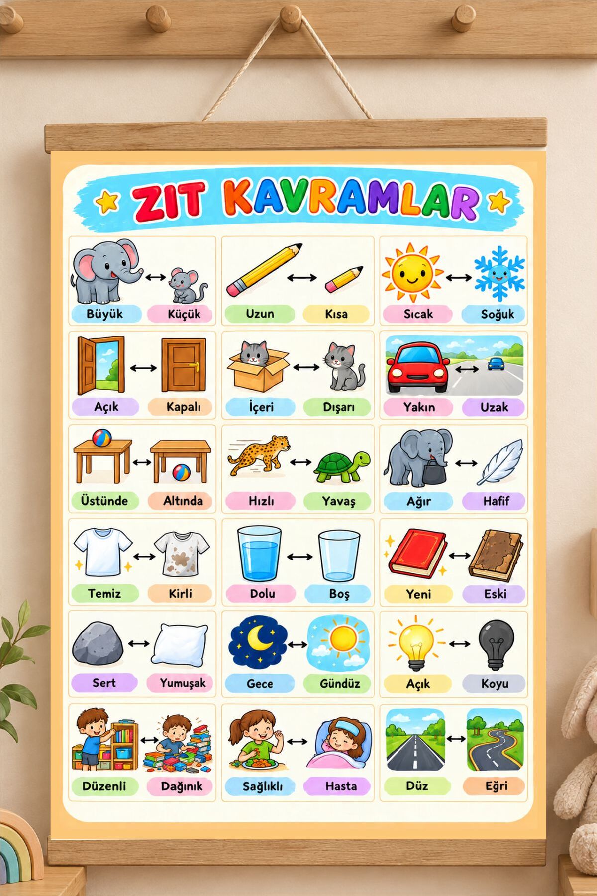 Zıt Kavramlar Türkçe İpli Askılı Kanvas Poster Tablo Çocuk Odası Duvar Dekoru