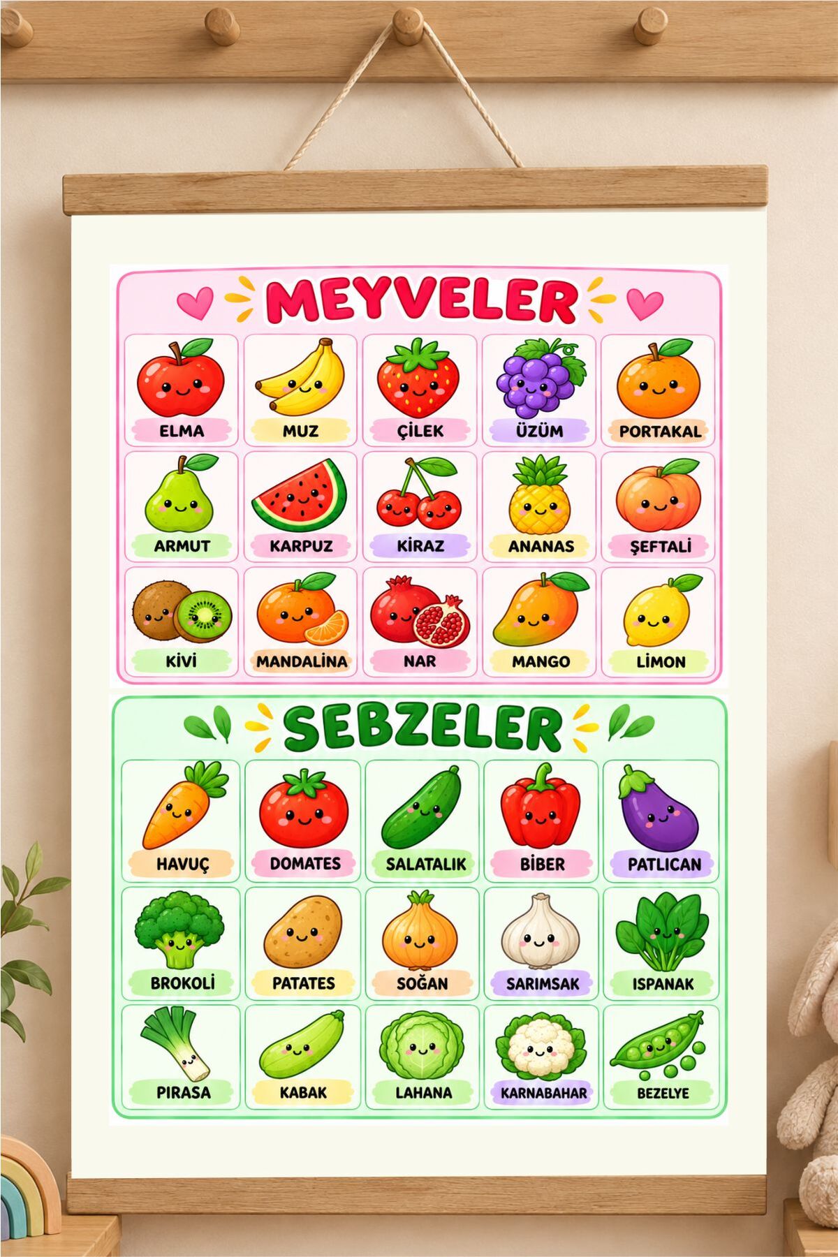 Meyve ve Sebzeler Türkçe İpli Askılı Kanvas Poster Tablo Çocuk Odası Duvar Dekoru