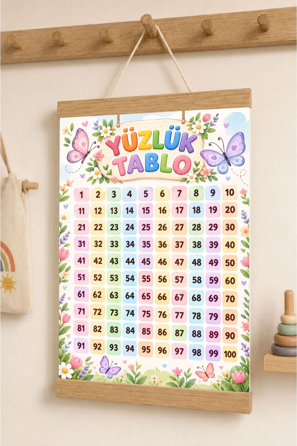Yüzlük Tablo Kelebekli Çiçekli Tasarım - İpli Askılı Kanvas Poster Tablo Çocuk Odası Duvar Dekoru