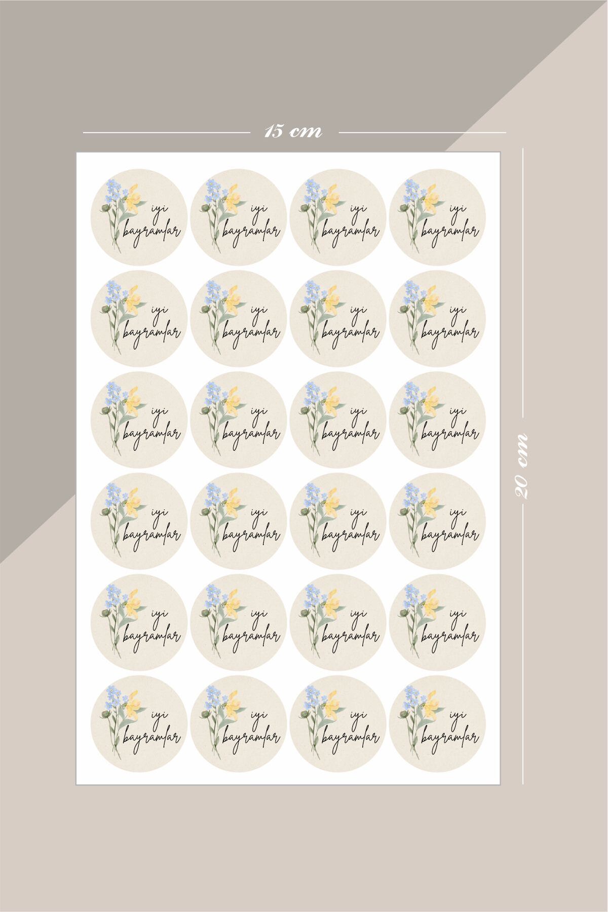 Çiçekli İyi Bayramlar Yuvarlak Sticker – 24 Adet Süsleme, Hediye, Paketleme Sticker