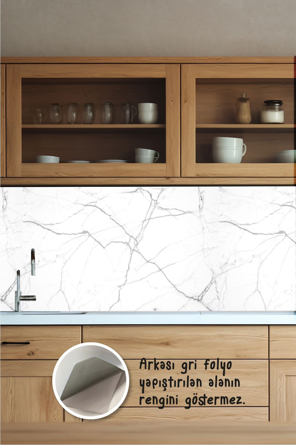 Mutfak Tezgah Arası Beyaz Gri Detay Deseni, Mermer Folyo Kaplama Sticker, Folyo Baskı, 100x60 cm