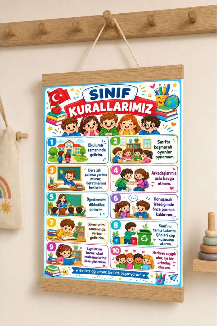 Sınıf Kuralları İpli Askılı Kanvas Poster - 10 Maddelik Eğitici İlkokul ve Anaokul Poster Baskı Askılı