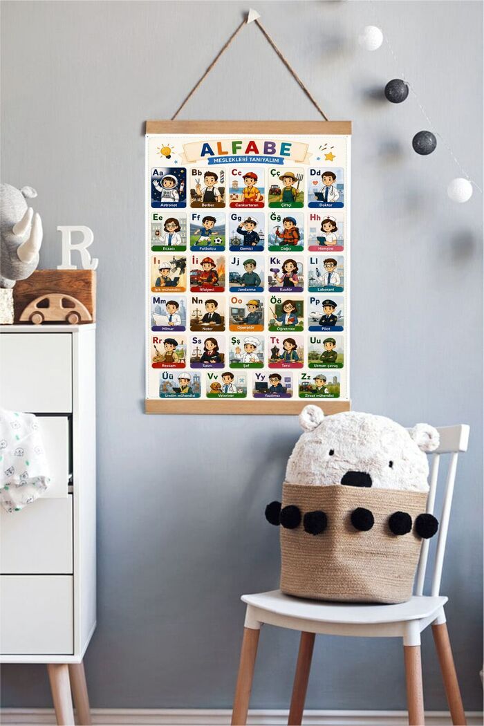 Mesleklerle Alfabe , Türkçe İpli Askılı Kanvas Poster Tablo Çocuk Odası Duvar Dekoru