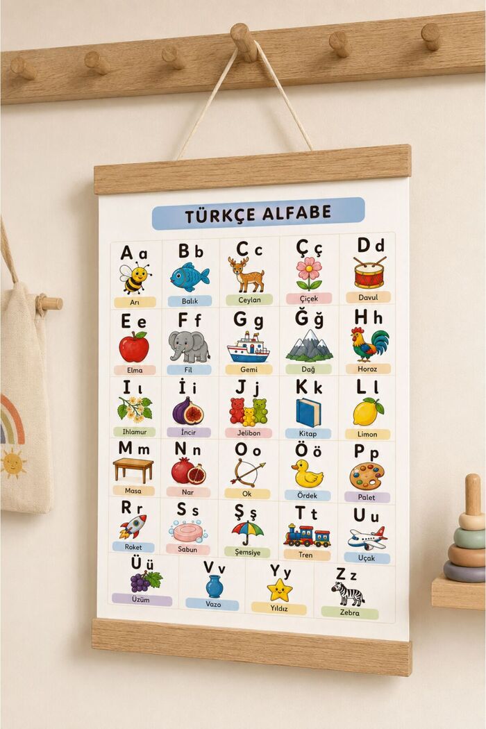 Alfabeyi Öğreniyorum, Renkli Alfabe, Türkçe İpli Askılı Kanvas Poster Tablo Çocuk Odası Duvar Dekoru